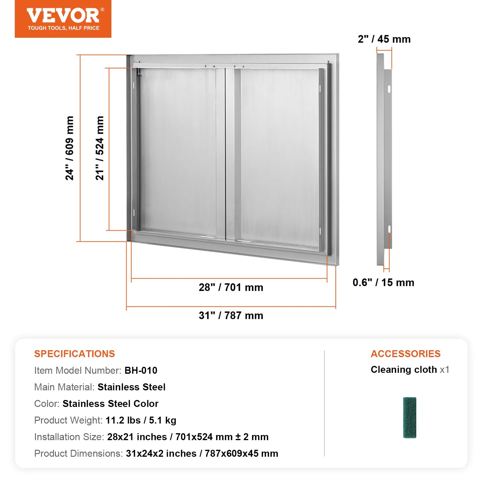 Nerezové prístupové dvierka - dvojité, zapustené, zvislé nástenné, s výsuvnými rukoväťami, rozmery 787 x 609 mm, pre grilovací ostrovček, stanicu a vonkajšiu skrinku – Obrázok 2
