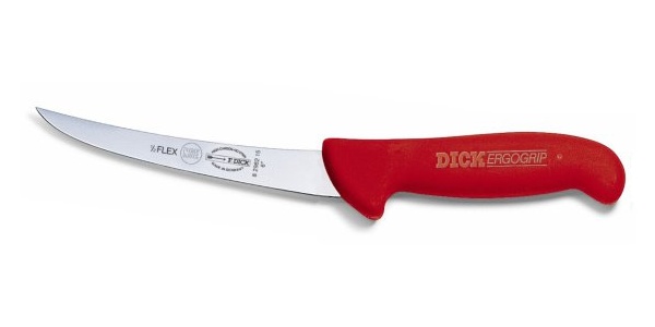 Vykosťovací nôž Dick — zahnutá čepeľ, poloohybný, červená rukoväť, 13 cm