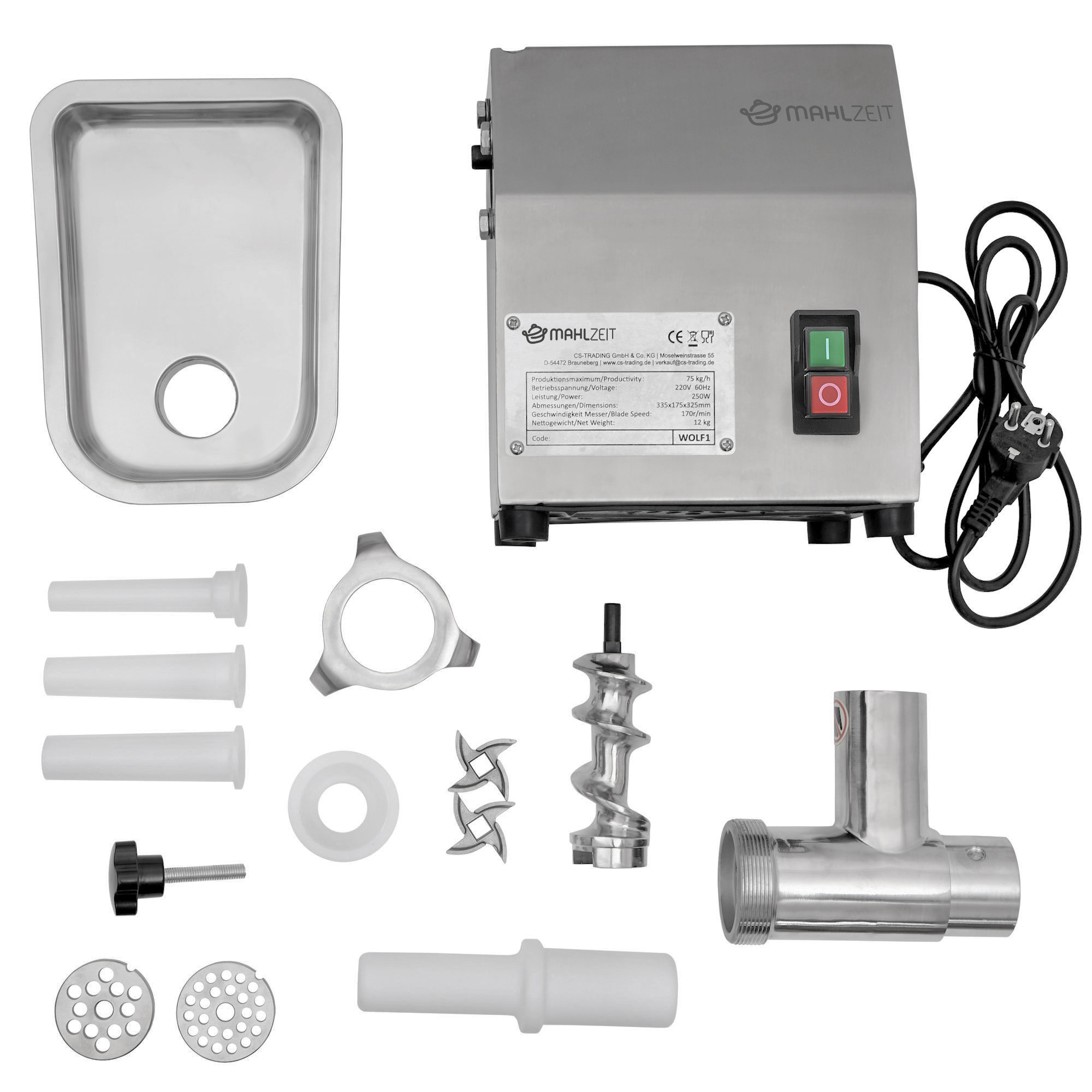 Elektrický nerezový mlynček na mäso Mahlzeit Profi — , plnička na klobásy, 250 W, 75 kg/h – Obrázok 4